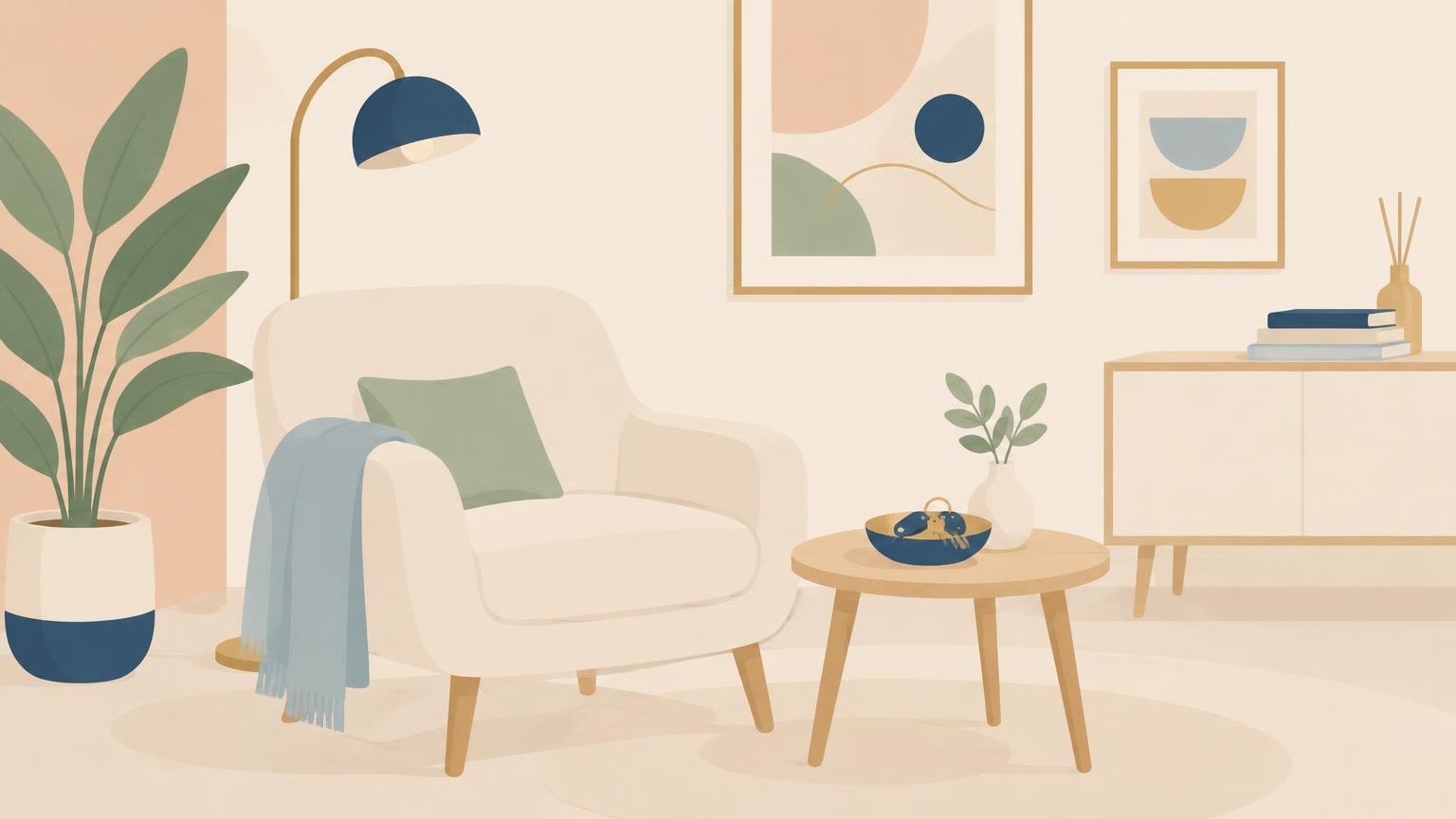 Abstract pastel illustration of a calm rented apartment interior with an armchair, plants, keys in a bowl and framed art