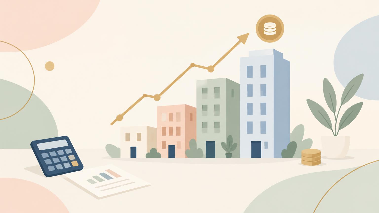 Abstract pastel illustration of buildings rising in steps beside an upward line chart with a coin, a calculator and documents