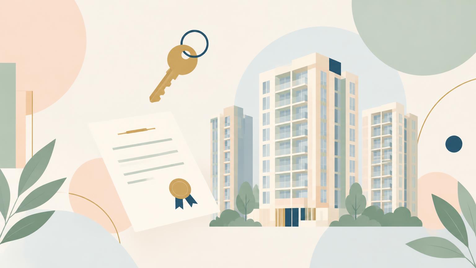 Abstract pastel illustration of a golden key, an ownership document with a seal and simplified condominium towers